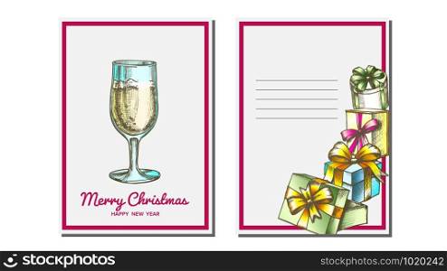 Christmas Greeting Card Vector. Champagne Bottle. Seasons. Winter Wishes. Holiday Concept. Hand Drawn Illustration. Christmas Greeting Card Vector. Champagne Bottle. Seasons. Winter Wishes. Hand Drawn In Vintage Style Illustration