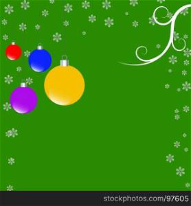 Christmas greeting card. Vector illustration of green Holiday card with christmas balls on the abstract floral background