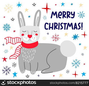 Christmas greeting card with a rabbit in a scarf and snowflakes Vector illustration. Christmas greeting card with a rabbit.