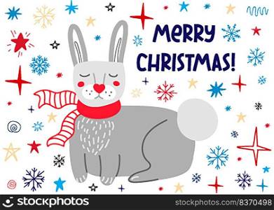 Christmas greeting card with a rabbit in a scarf and snowflakes Vector illustration. Christmas greeting card with a rabbit.