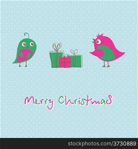Christmas greeting card with birds on the tree branch