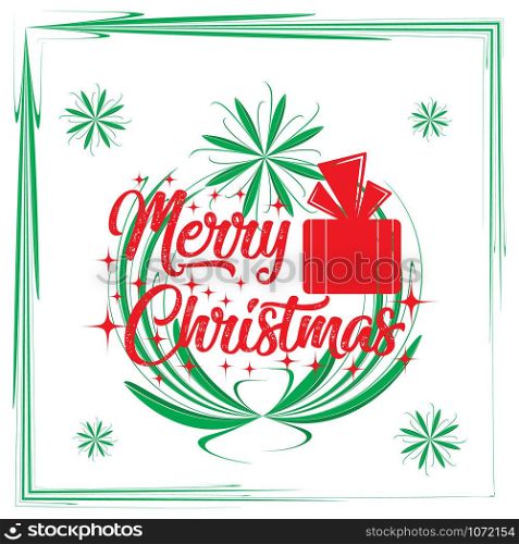 Christmas greeting card with Calligraphic Season Wishes. Christmas Tree Decorations, Pine Branches.