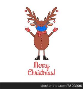 Christmas greeting card with cute Deer in medical mask on a white background.. Christmas greeting card with cute Deer in medical mask on white background.