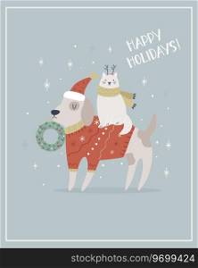 Christmas greeting card with funny dog in a holiday sweater and a cat in scarf. Vector illustration, design in a vintage style. Christmas greeting card with funny dog in a holiday sweater and a cat in scarf.