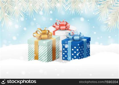 Christmas greeting card with gift boxes in snow