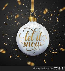 Christmas greeting card with golden glittering confetti and white decoration on a black background. Vector illustration. Let it snow lettering.