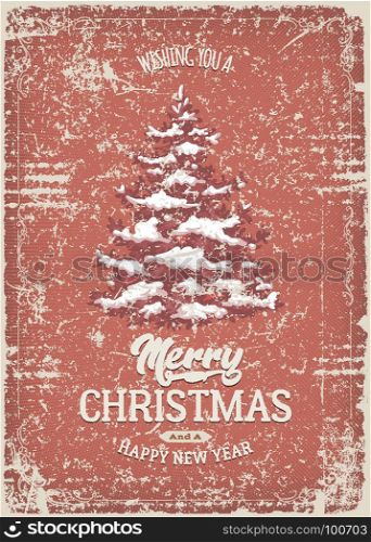 Christmas Greeting Card With Grunge Texture. Illustration of a vintage christmas postcard, with snow pine tree and grunge textures