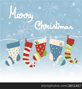 Christmas greeting card with hanging socks. Merry Christmas lettering, vector illustration