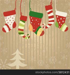 Christmas greeting card with hanging socks. Old papper texture with snowflakes and tree. Vector illustration