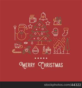 Christmas greeting card with line icons illustration