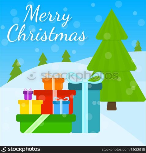 Christmas Greeting Card with Presents and Tree. Vector illustration of Christmas greeting card with pile of presents and fir tree. Winter landscape with falling snow and gifts