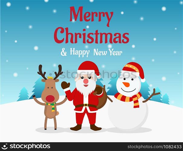 Christmas greeting card with Santa Claus and Snowman and reindeer on background - Vector Illustration