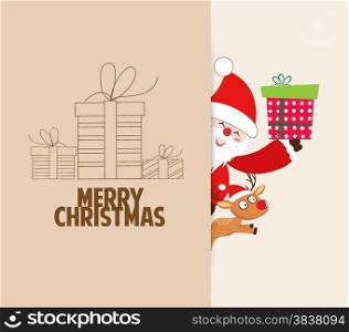 christmas greeting card with santa claus, gifts, deer