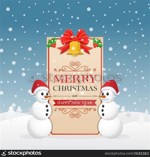 Christmas greeting card with snowman and decorative Christmas bells, VECTOR, EPS10