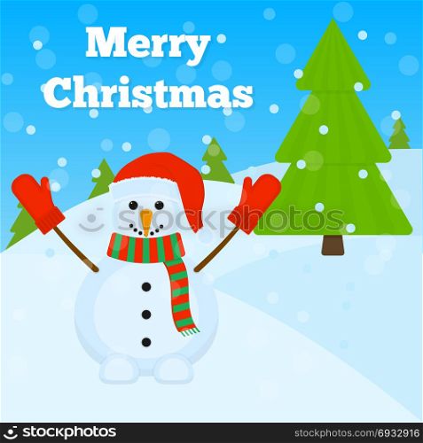 Christmas Greeting Card with Snowman. Vector illustration of Christmas greeting card with happy snowman wearing Santa red hat and fir tree. Winter landscape with falling snow
