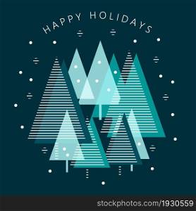 Christmas greeting card with stylized fir trees and inscription Happy Holidays