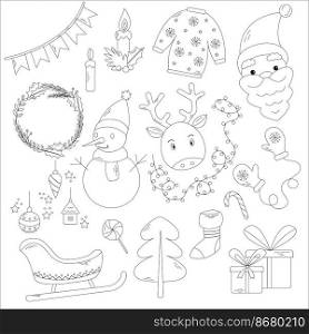 Christmas greeting card with traditional symbols. Vector black and white illustration in flat cartoon style. Christmas black and white greeting winter collection with traditional symbols - Snowman, Santa, Reindeer, Tree, Gifts, Sleigh, Ugly Sweater, Mittens and Sweets. Vector illustration