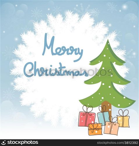 Christmas greeting card with tree and presents. Merry Christmas lettering, vector illustration