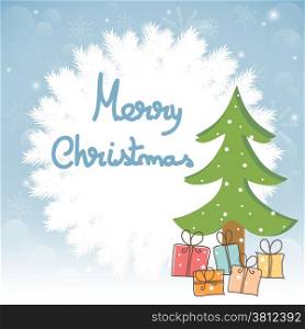 Christmas greeting card with tree and presents. Merry Christmas lettering, vector illustration