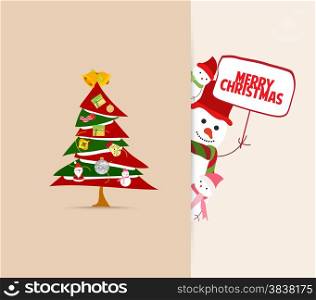 christmas greeting card with tree decoration and snowman