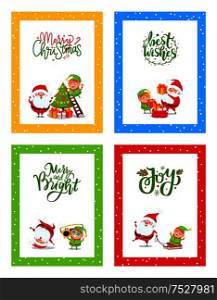 Christmas greeting cards cute decorated with Santa. Vector New Year cartoon characters isolated. Merry and Bright wishes from Father Frost and Elf. Christmas Greeting Cards Cute Decorated with Santa