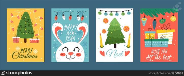 Christmas greeting cards. Holiday new year posters, cartoon cute xmas elements, congrats postcards, decorated fir-trees, gifts and garland, white rabbit and snow, colorful xmas posters vector set. Christmas greeting cards. Holiday new year posters, cartoon xmas elements, congrats postcards, decorated fir-trees, gifts and garland, white rabbit and snow, xmas posters vector set