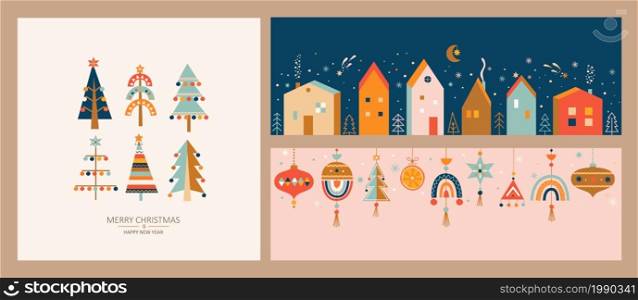 Christmas greeting cards.Horizontal banners with hand drawn isolated houses and christmas balls, christmas trees with toys in Scandinavian style. Xmas decor elements. Template for design,print.Vector. Set Christmas greeting cards.