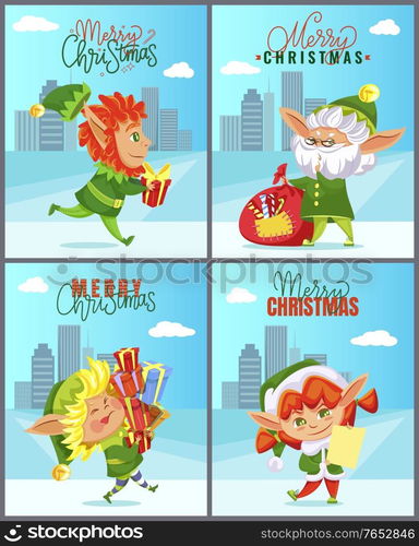 Christmas greeting cards with elves and cityscape, Xmas gifts and Santa helpers. Skyscrapers and fairy tale characters in costumes carrying presents. Winter holiday postcards vector illustrations. Elves and Christmas Gifts, Xmas Greeting Cards