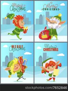 Christmas greeting cards with elves and cityscape, Xmas gifts and Santa helpers. Skyscrapers and fairy tale characters in costumes carrying presents. Winter holiday postcards vector illustrations. Elves and Christmas Gifts, Xmas Greeting Cards