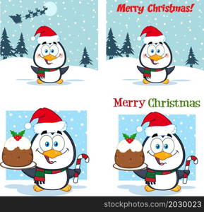 Christmas Greeting Cards With Penguin Cartoon Character. Vector Hand Drawn Collection Set With Background And Text