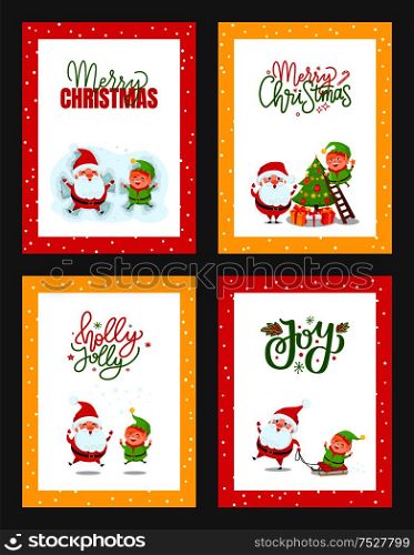 Christmas greeting cards with Santa Claus and Elf. Vector of cartoon Father Christmas, fairy tale creature decorating xmas tree. Dwarf riding on sleigh. Christmas Greeting Cards with Santa Claus and Elf