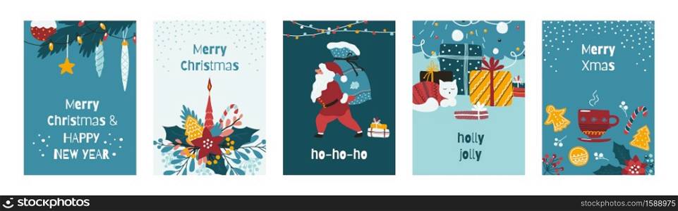 Christmas greeting cards. Xmas posters and banners with cartoon winter holiday collection of fir tree, home decoration and presents. New Year postcards, funny text and traditional wishes, vector set. Mystical highlights. Collection spiritual icons with moon alchemy, hands and eyes. Boho social media post covers, astrological and mythological elements. Vector magic ornamental set