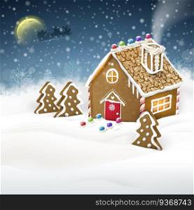Christmas greeting graphic of gingerbread house over snow field. gingerbread house over snow field