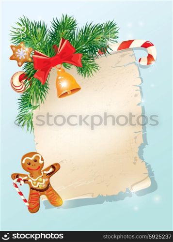 Christmas greeting magic scroll from Santa Claus with golden bell, candy, bow, fir-tree branches and xmas man gingerbread on light blue winter holiday background.