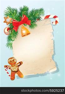Christmas greeting magic scroll from Santa Claus with golden bell, candy, bow, fir-tree branches and xmas man gingerbread on light blue winter holiday background.