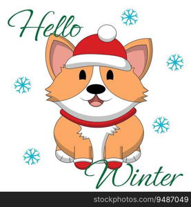 Christmas greeting postcard with character Corgi in hat and mittens