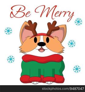 Christmas greeting postcard with character Corgi in sweater
