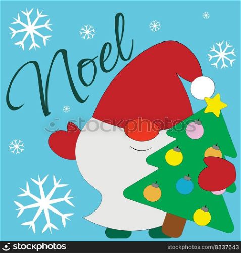 Christmas greeting postcard with character Gnome and Christmas tree