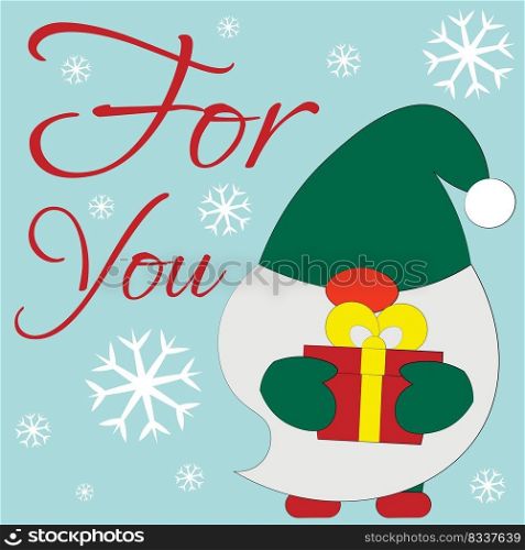 Christmas greeting postcard with character Gnome and gift box