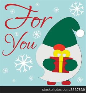 Christmas greeting postcard with character Gnome and gift box