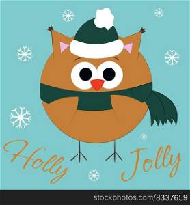 Christmas greeting postcard with character Owl in hat and scarf