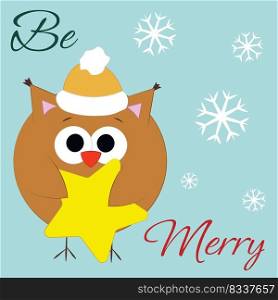 Christmas greeting postcard with character Owl with star