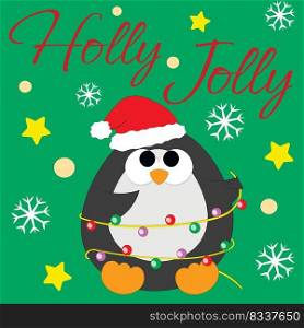 Christmas greeting postcard with character Penguin in garland