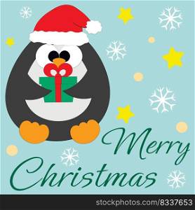 Christmas greeting postcard with character Penguin in santas hat and gift box