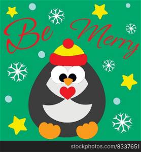 Christmas greeting postcard with character Penguin with little heart