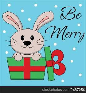 Christmas greeting postcard with character Rabbit in gift box