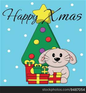 Christmas greeting postcard with character Rabbit with Christmas tree and gift box