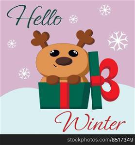 Christmas greeting postcard with character Reindeer and gift box