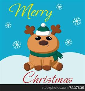 Christmas greeting postcard with character Reindeer in hat scarf