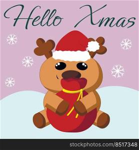 Christmas greeting postcard with character Reindeer Santa